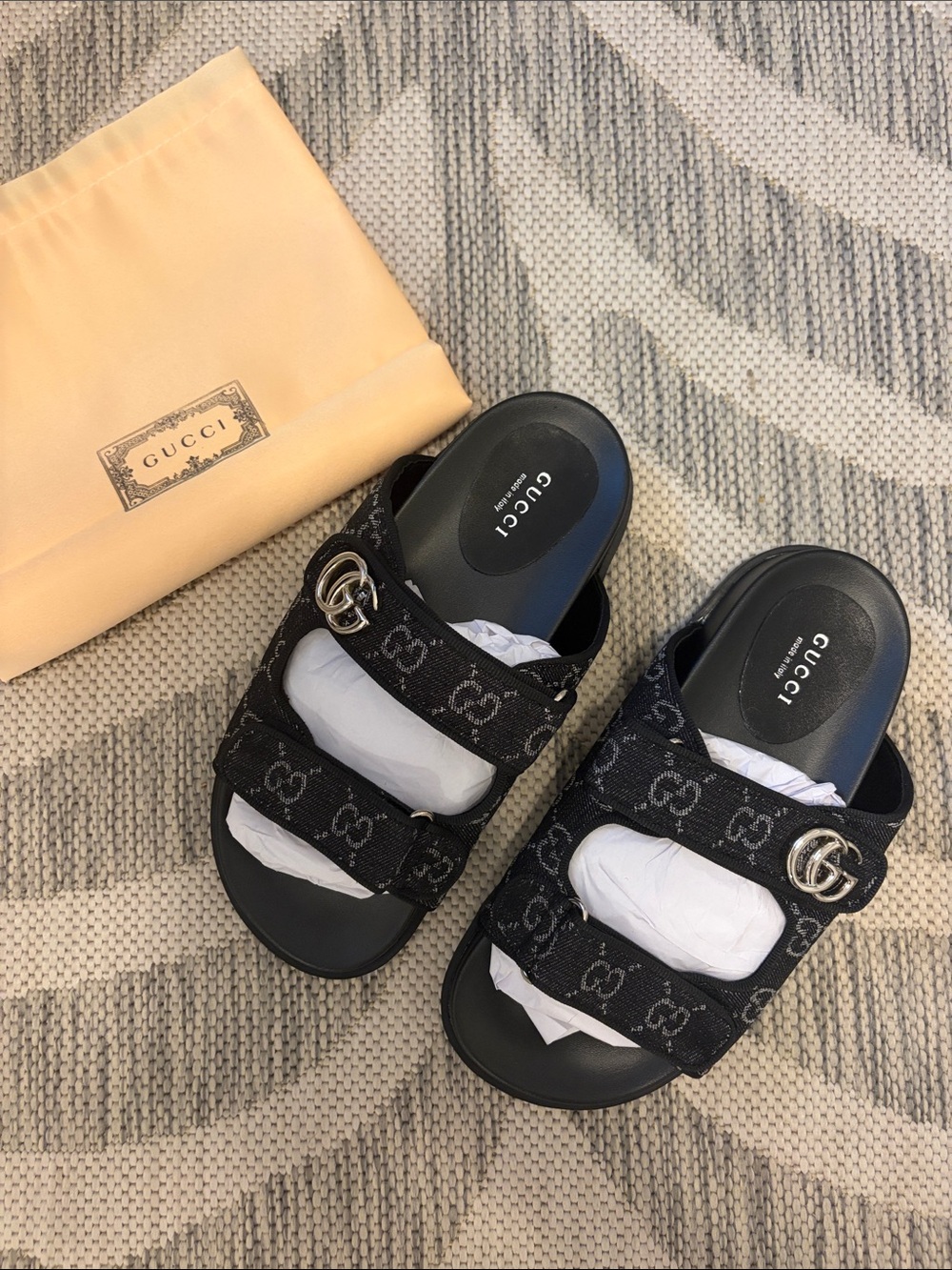 Gucci Black GG Monogram Double-Strap Slide Sandals